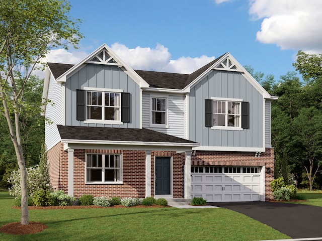 view of front of property with board and batten siding, brick siding, an attached garage, driveway, and a shingled roof