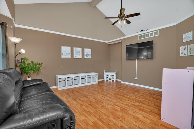 3513 Harris Dr, Joliet, IL 60431 - living area with baseboards, light wood-style flooring, ceiling fan, beam ceiling, and ornamental molding