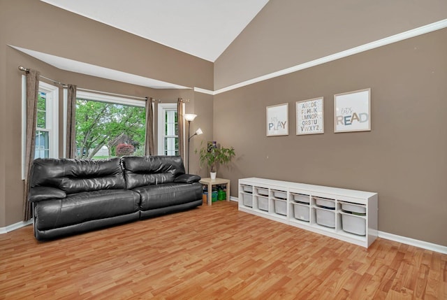 3513 Harris Dr, Joliet, IL 60431 - living area featuring light wood-type flooring, baseboards, and vaulted ceiling