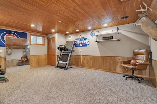 3513 Harris Dr, Joliet, IL 60431 - exercise room featuring wood ceiling, carpet, wainscoting, wooden walls, and a wall mounted AC