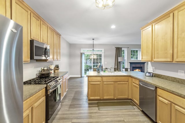2451 Stonegate Rd Unit 2451, Algonquin, IL 60102 - kitchen with appliances with stainless steel finishes, a sink, light brown cabinets, light wood-type flooring, and recessed lighting