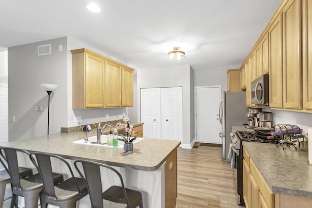 2451 Stonegate Rd Unit 2451, Algonquin, IL 60102 - kitchen featuring stainless steel appliances, a peninsula, a sink, a kitchen bar, and light wood-style floors