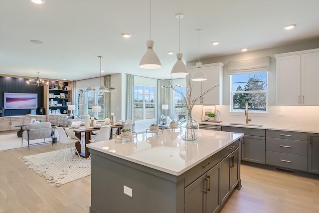 23244 W Teton Ln, Plainfield, IL 60585 - kitchen with a sink, light wood-style flooring, gray cabinets, open floor plan, and a center island