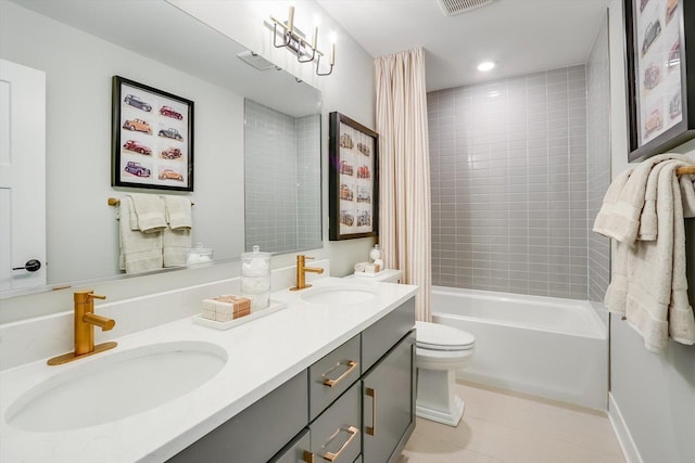 23244 W Teton Ln, Plainfield, IL 60585 - bathroom featuring toilet, double vanity, shower / tub combo with curtain, tile patterned floors, and recessed lighting