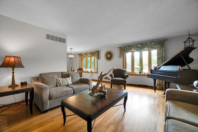 1016 W Willow Ln, Mount Prospect, IL 60056 - living area with light wood finished floors, a chandelier, and a textured ceiling