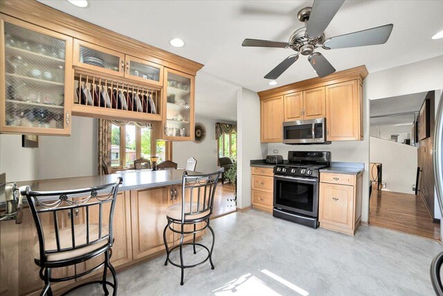1016 W Willow Ln, Mount Prospect, IL 60056 - kitchen featuring appliances with stainless steel finishes, a kitchen breakfast bar, glass insert cabinets, a ceiling fan, and light brown cabinets