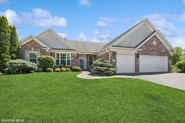 13881 Traverse Ct, Huntley, IL 60142 - view of front facade featuring brick siding, a garage, driveway, a front yard, and a shingled roof