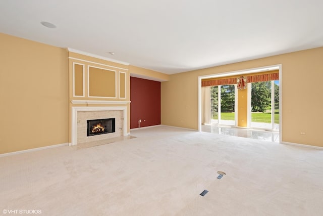13881 Traverse Ct, Huntley, IL 60142 - unfurnished living room featuring a fireplace with flush hearth, carpet floors, and baseboards