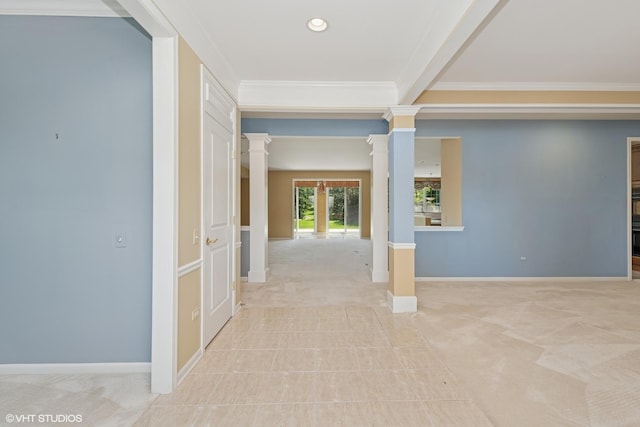 13881 Traverse Ct, Huntley, IL 60142 - hallway with decorative columns, light colored carpet, ornamental molding, baseboards, and recessed lighting