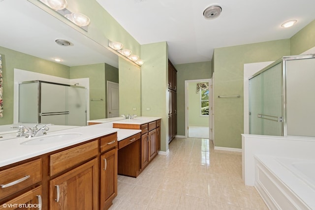13881 Traverse Ct, Huntley, IL 60142 - full bathroom with a shower stall, tile patterned floors, vanity, baseboards, and a bath