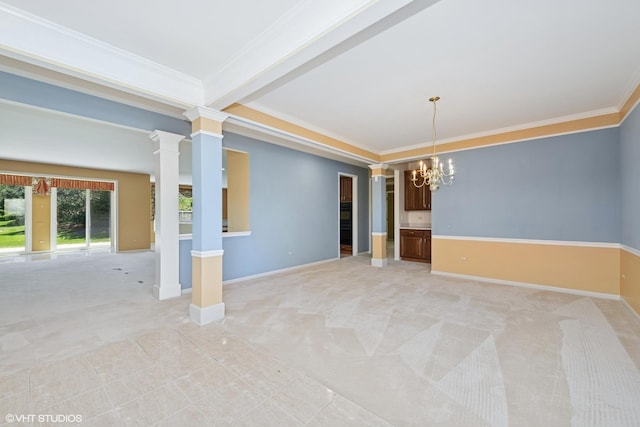 13881 Traverse Ct, Huntley, IL 60142 - empty room with light colored carpet, crown molding, ornate columns, a chandelier, and baseboards