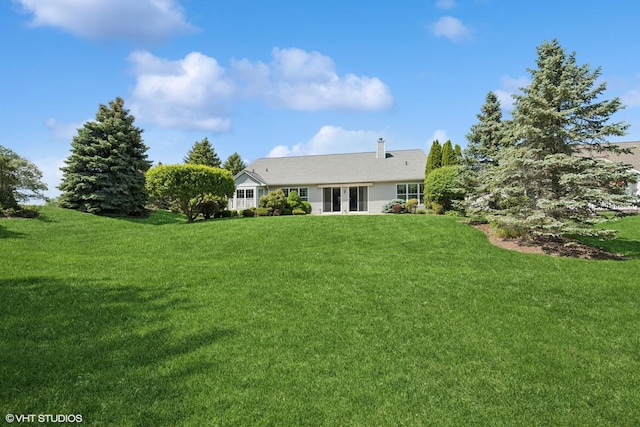 13881 Traverse Ct, Huntley, IL 60142 - rear view of house featuring a lawn, french doors, and a chimney