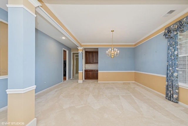 13881 Traverse Ct, Huntley, IL 60142 - empty room featuring a chandelier, light colored carpet, baseboards, crown molding, and recessed lighting