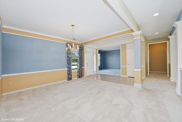 13881 Traverse Ct, Huntley, IL 60142 - carpeted empty room featuring a chandelier, crown molding, baseboards, decorative columns, and recessed lighting