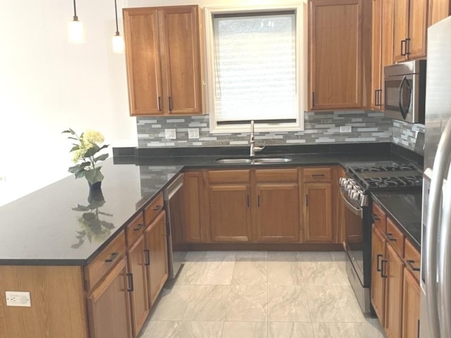 6643 W Belmont Ave Unit 1, Chicago, IL 60634 - kitchen with stainless steel appliances, a sink, a peninsula, decorative backsplash, and brown cabinets