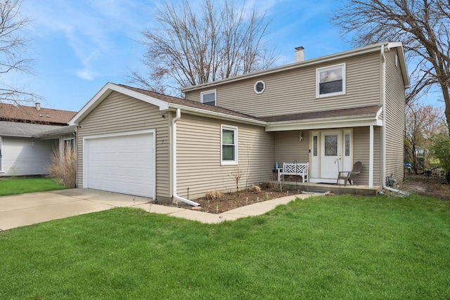 7 Woodmar Ct, Streamwood, IL 60107 - view of front of house featuring a garage, a chimney, concrete driveway, and a front lawn
