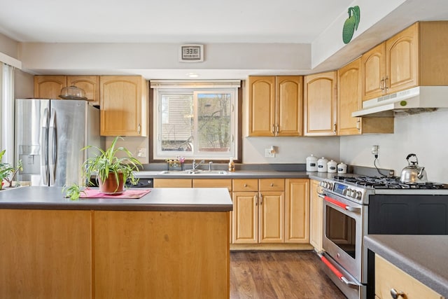 7 Woodmar Ct, Streamwood, IL 60107 - kitchen featuring appliances with stainless steel finishes, under cabinet range hood, a sink, dark wood-type flooring, and light brown cabinetry