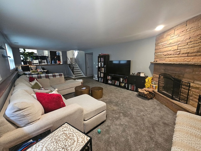 8554 Fir St, Orland Park, IL 60462 - living room with carpet flooring, a stone fireplace, and stairs