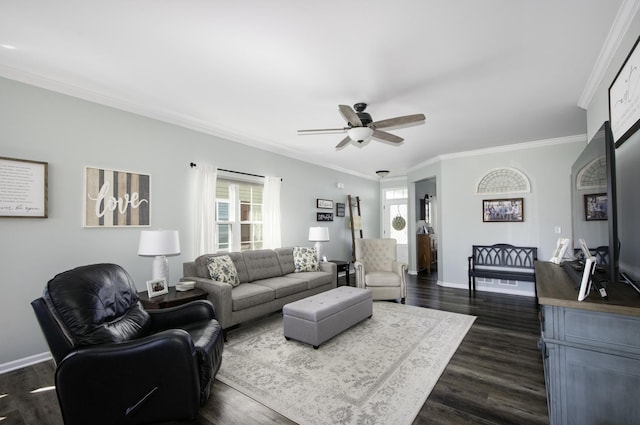 27363 W Macura St, Channahon, IL 60410 - living room with ornamental molding, plenty of natural light, a ceiling fan, and dark wood-style floors