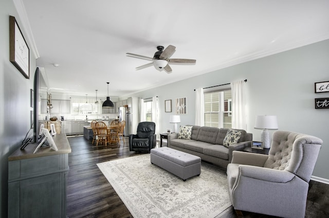 27363 W Macura St, Channahon, IL 60410 - living room with ornamental molding, a ceiling fan, and dark wood-style floors