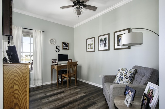 27363 W Macura St, Channahon, IL 60410 - home office featuring ceiling fan, dark wood-style floors, crown molding, and baseboards
