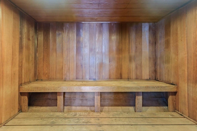 sauna with wooden walls