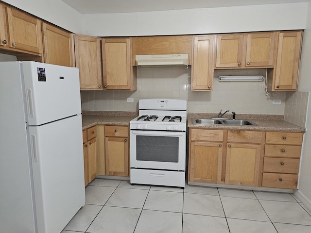 8928 Steven Dr Unit 2F, Des Plaines, IL 60016 - kitchen with white appliances, a sink, under cabinet range hood, and decorative backsplash