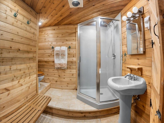 7417 N Hill Rd, Marengo, IL 60152 - full bath featuring a shower stall, wood walls, toilet, wooden ceiling, and tile patterned flooring