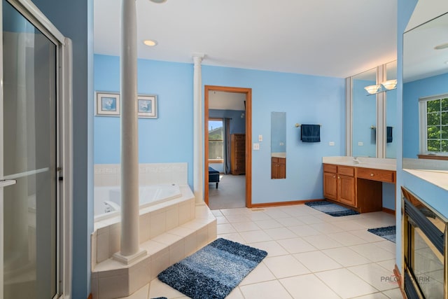 1701 Driftwood Ln, Crystal Lake, IL 60014 - bathroom featuring vanity, a garden tub, tile patterned floors, an enclosed shower, and baseboards