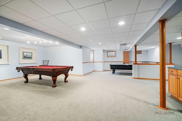 1701 Driftwood Ln, Crystal Lake, IL 60014 - game room with billiards table, light colored carpet, baseboards, a paneled ceiling, and recessed lighting