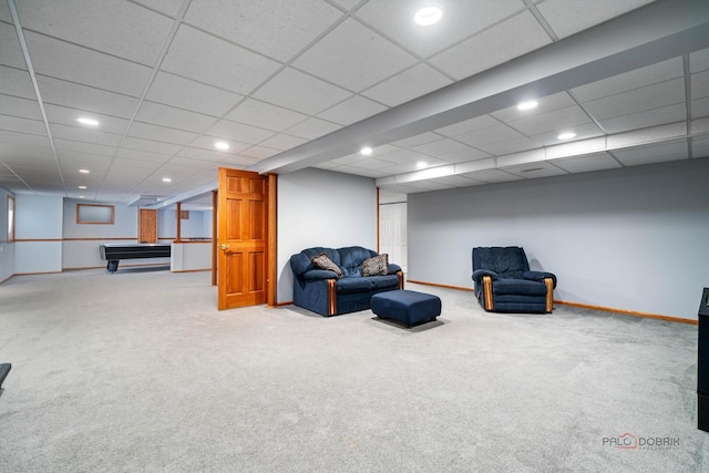 1701 Driftwood Ln, Crystal Lake, IL 60014 - living area with carpet, baseboards, recessed lighting, billiards table, and a drop ceiling