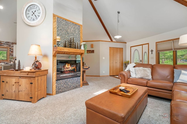 4308 Miller Oaks Dr, Mchenry, IL 60051 - carpeted living area featuring high vaulted ceiling, a multi sided fireplace, baseboards, and beamed ceiling