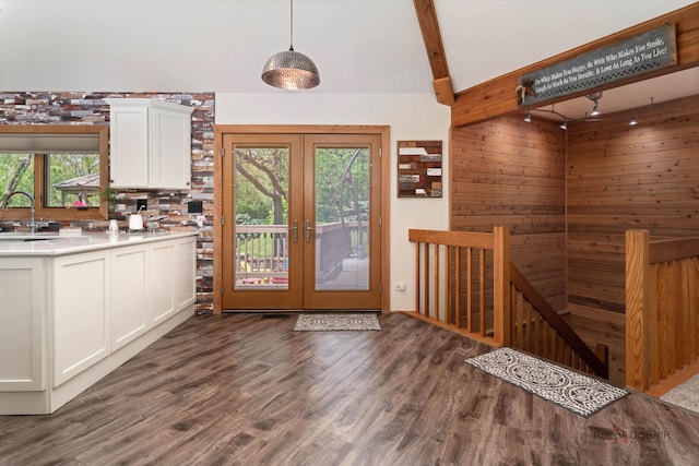 4308 Miller Oaks Dr, Mchenry, IL 60051 - doorway to outside with wood finished floors, french doors, beam ceiling, high vaulted ceiling, and a sink