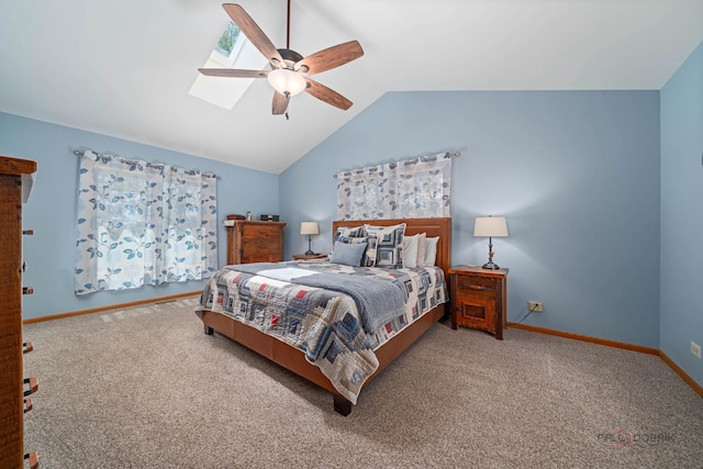 4308 Miller Oaks Dr, Mchenry, IL 60051 - carpeted bedroom featuring lofted ceiling, a skylight, baseboards, and a ceiling fan