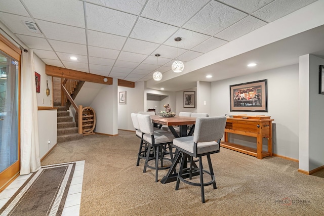 4308 Miller Oaks Dr, Mchenry, IL 60051 - dining room featuring baseboards, light colored carpet, stairway, a drop ceiling, and recessed lighting