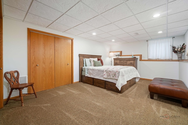 4308 Miller Oaks Dr, Mchenry, IL 60051 - carpeted bedroom with a closet, a paneled ceiling, recessed lighting, and baseboards