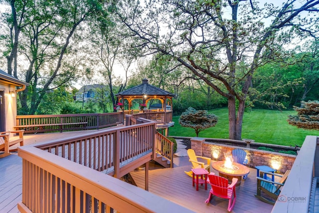 4308 Miller Oaks Dr, Mchenry, IL 60051 - wooden deck with a gazebo, an outdoor fire pit, a lawn, and view of wooded area
