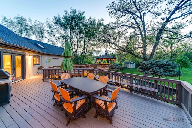 4308 Miller Oaks Dr, Mchenry, IL 60051 - wooden deck with outdoor dining area, a gazebo, a grill, and view of scattered trees