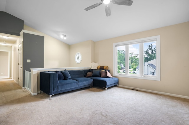 5117 Lear St, Wonder Lake, IL 60097 - carpeted living area with vaulted ceiling, baseboards, and ceiling fan