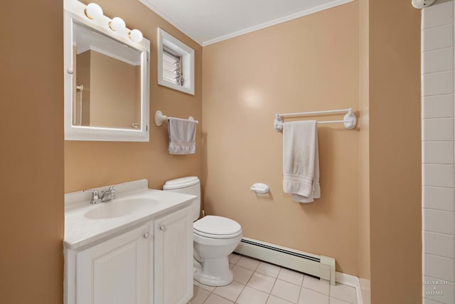 35976 N Fairfield Rd, Ingleside, IL 60041 - bathroom with a baseboard heating unit, toilet, vanity, tile patterned flooring, and crown molding