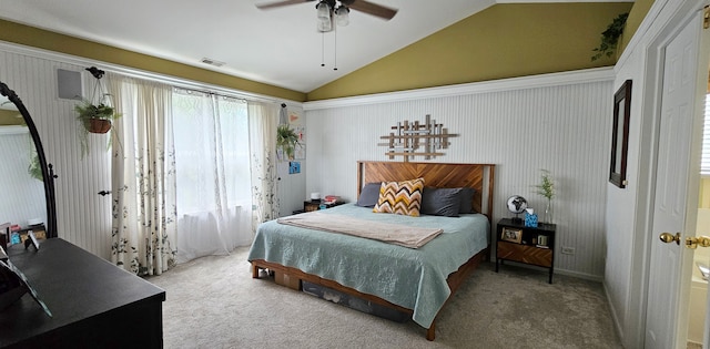 2383 Shiloh Dr, Aurora, IL 60503 - bedroom featuring vaulted ceiling, multiple windows, carpet flooring, and a ceiling fan