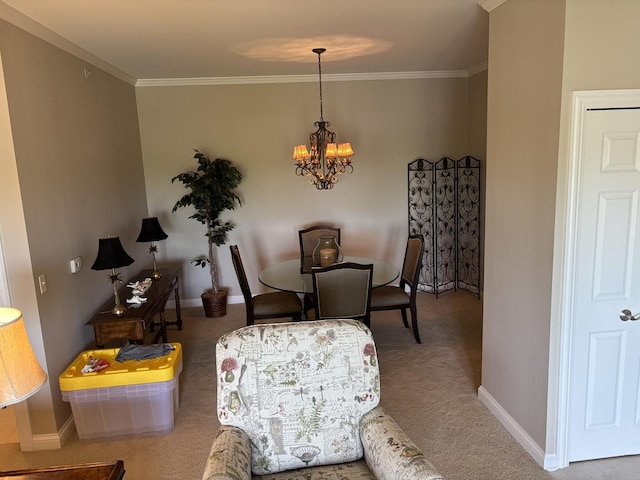 living area featuring a chandelier, crown molding, carpet flooring, and baseboards