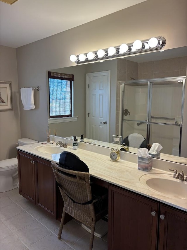 full bath featuring a shower stall, tile patterned flooring, vanity, and toilet