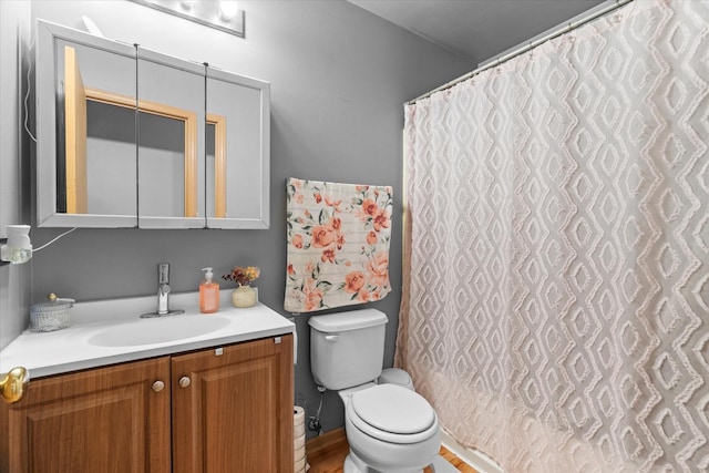 full bath featuring toilet, vanity, and a shower with curtain
