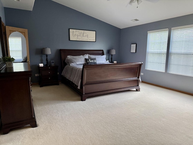 18233 Eagle Dr, Tinley Park, IL 60477 - bedroom featuring light carpet, vaulted ceiling, baseboards, and a ceiling fan