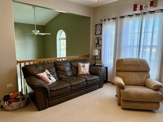 18233 Eagle Dr, Tinley Park, IL 60477 - living area featuring carpet flooring, ceiling fan, and vaulted ceiling