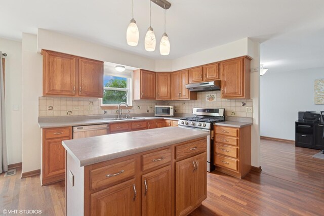 1847 Lake Shore Dr, Romeoville, IL 60446 - kitchen featuring appliances with stainless steel finishes, under cabinet range hood, a sink, backsplash, and light wood-style flooring