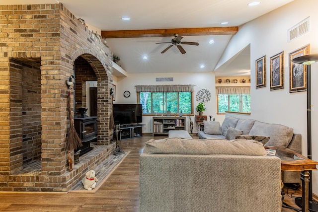 21 Carribean Dr, Putnam, IL 61560 - living area with a ceiling fan, a wood stove, wood finished floors, and recessed lighting