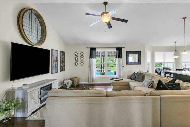 1228 N County Road 530 Rd E, Tuscola, IL 61953 - living room featuring a ceiling fan, lofted ceiling, and wood finished floors
