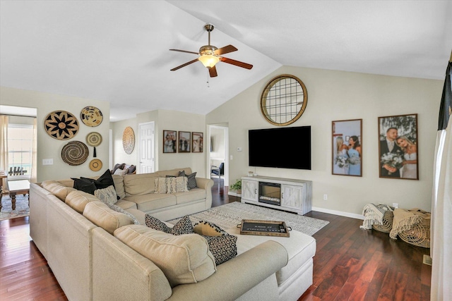 1228 N County Road 530 Rd E, Tuscola, IL 61953 - living area featuring a ceiling fan, lofted ceiling, and dark wood-style floors